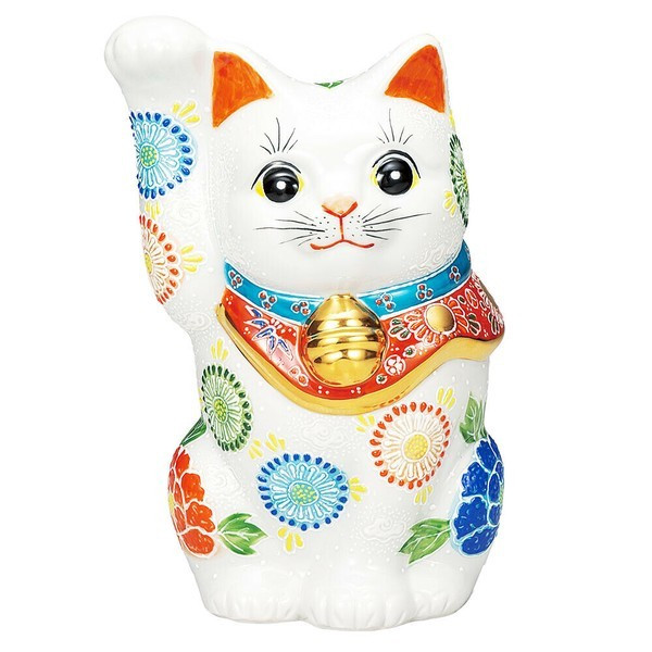 Maneki neko Kutani ware Japanese Lucky cat White mori art 9.6in Japan Right paw