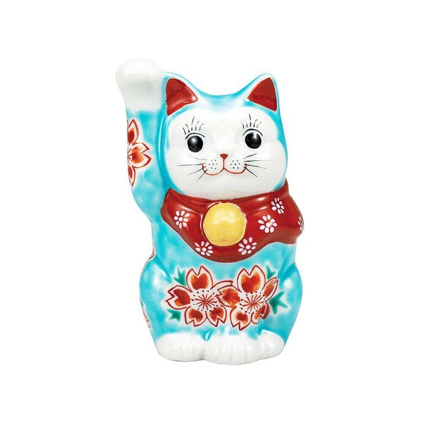 Maneki neko Kutani ware Japanese Lucky cat Turkey blue glaze Cherryblosom 4.5in