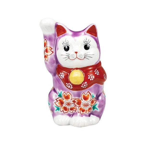 Maneki neko Kutani ware Japanese Lucky cat Purple glaze Cherryblosom 4.5in