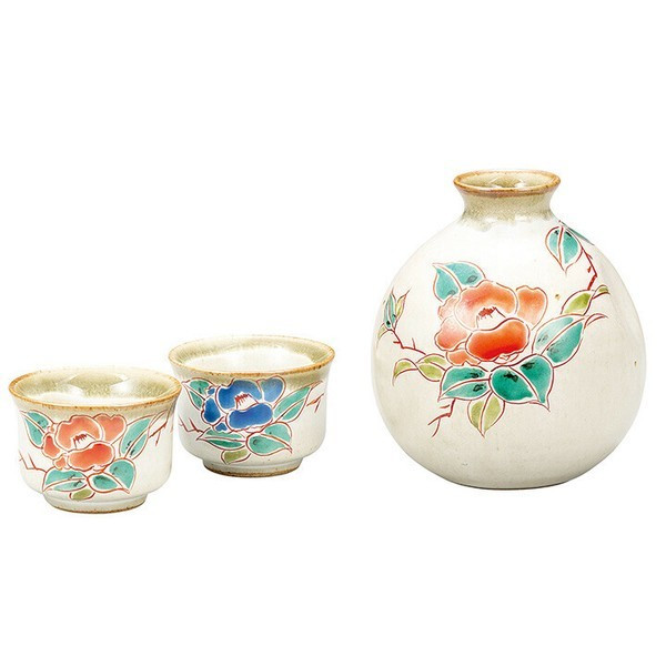 Kutani yaki ware Japanese Sake cup pot set Guinomi Tokkuri Camellia Sawada Ikumi