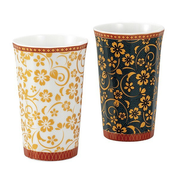 Pair Kutani yaki ware Japanese Ceramic Tumbler Beer cupAochibu Shirochibu Sakura