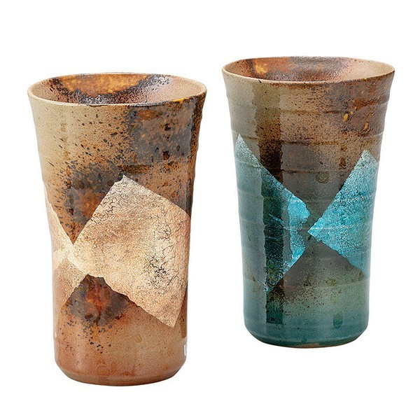 Pair Kutani yaki ware Japanese Ceramic Tumbler Beer Sake cupGinsai Blue Orange