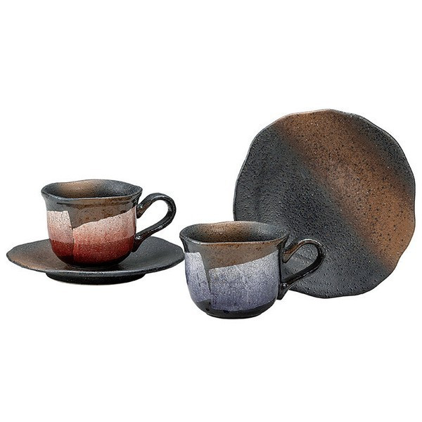 Pair Kutani yaki ware Japanese Coffee Cup and Saucer Silver foil Ginsai Japan