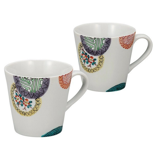 Pair Kutani yaki ware Mug Tea Coffee Cup set of 2Iro-e Marumon pattern Japan
