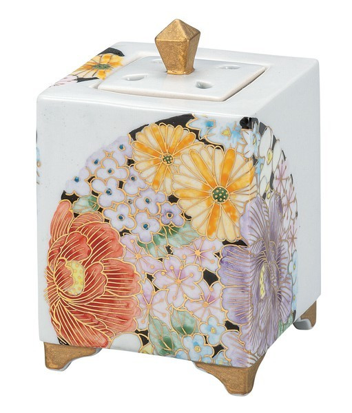 Koro Kutani yaki ware Japanese Incense Burner pot  Elegant floral pattern Japan