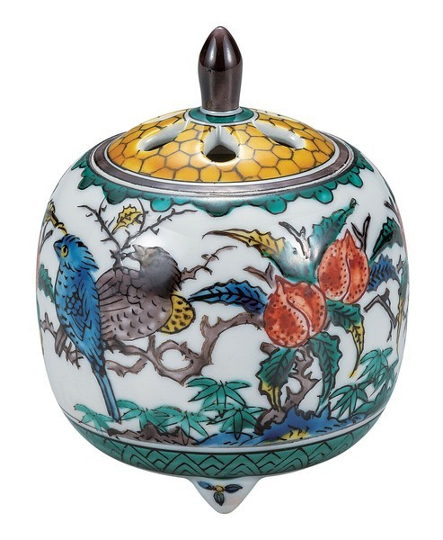 Koro Kutani yaki ware Japanese Incense Burner pot  3.5go Old kutani Flower Bird