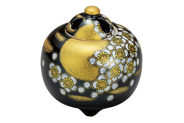 Koro Kutani yaki ware Japanese Incense Burner pot  Kinsai Gold Plum Moon Japan