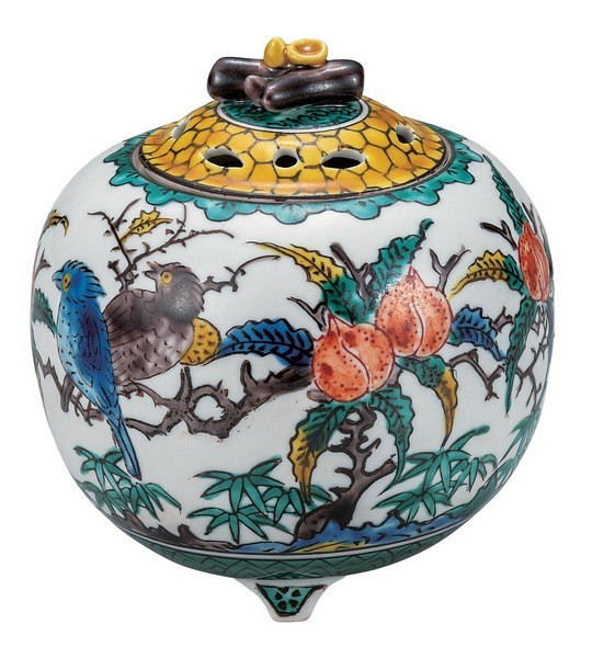 Koro Kutani yaki ware Japanese Incense Burner pot  Old lutani flower bird Japan