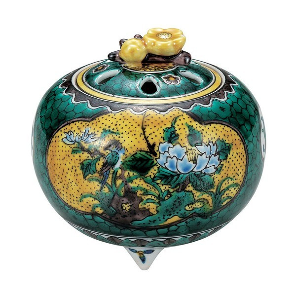 Koro Kutani yaki ware Japanese Incense Burner pot  Old Kutani style Flower Bird