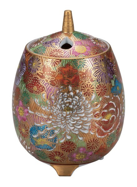 Koro Kutani yaki ware Japanese Incense Burner pot  Gold Hanatsume style Japan