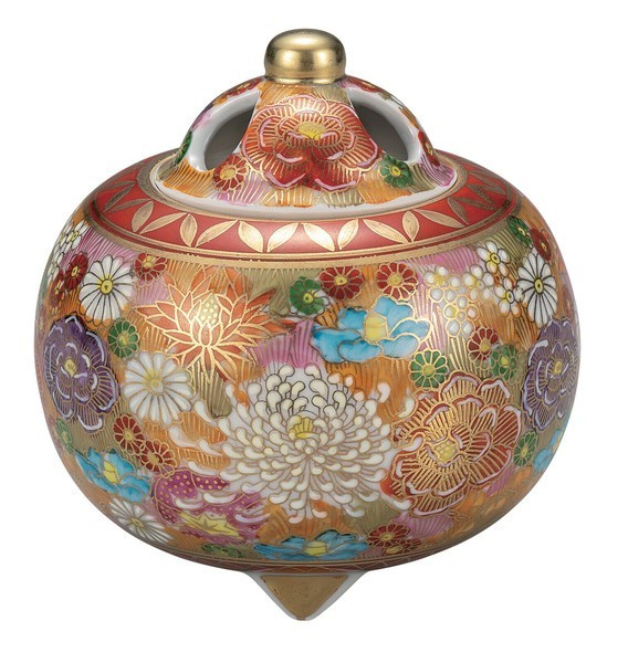 Koro Kutani yaki ware Japanese Incense Burner pot  Gold Hanatsume 4go Japan