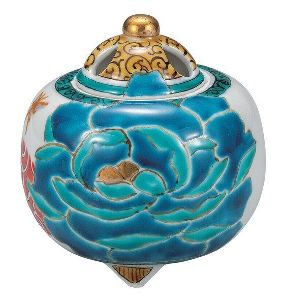 Koro Kutani yaki ware Japanese Incense Burner pot  Blue peony Sato Tsuyoshi