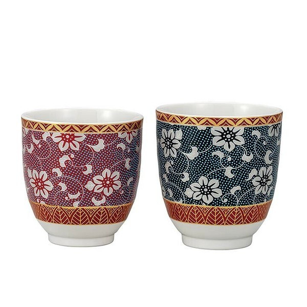 Pair Yunomi Kutani yaki ware Japanese green tea cup set Clematis dot pattern