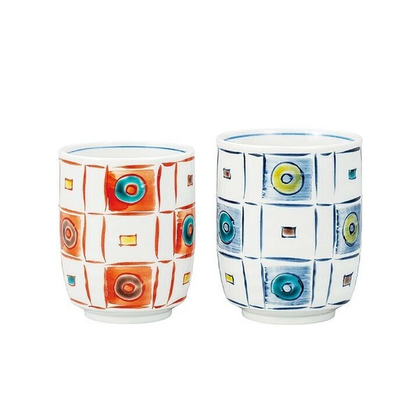 Pair Yunomi Kutani yaki ware Japanese green tea cup set Two-Tone Stone Pavement