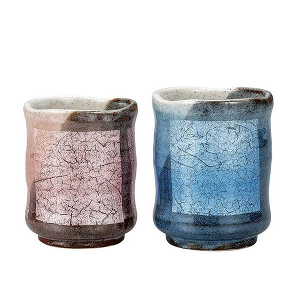 Pair Yunomi Kutani yaki ware Japanese green tea cup set Ginsai silver foil Japan