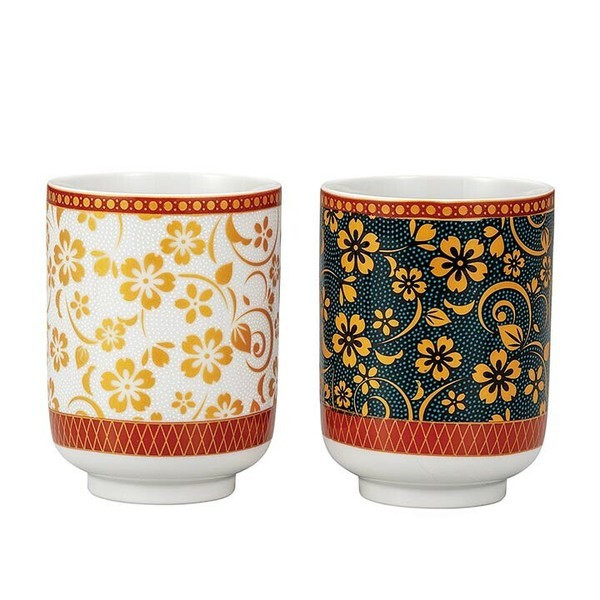 Pair Yunomi Kutani yaki ware Japanese green tea cup set AochibuShirochibu Sakura