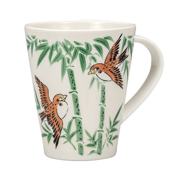 Kutani yaki ware Japanese Mug Coffee Tea Cup Big size Sparrows on Green Bamboo