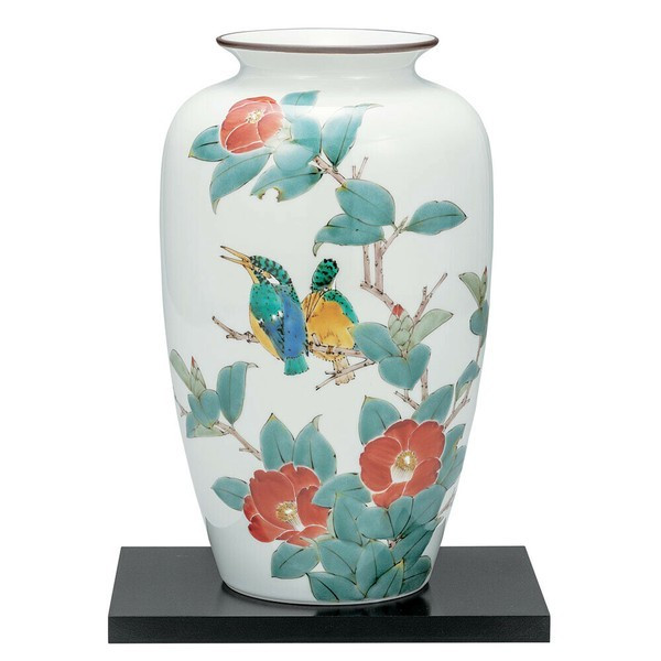 Kutani ware Flower Vase 10 inch Camellias with Kingfisher Design Ryuzan