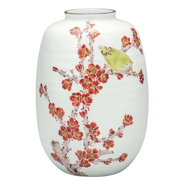 Kutani Ware Flower Vase 8-o Plum Blossoms Japanese White-eye (Mejiro) Ryuz