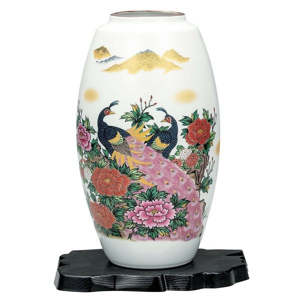 Kutani Ware Flower Vase 9go Colorful Peony and Peacock Design Japan