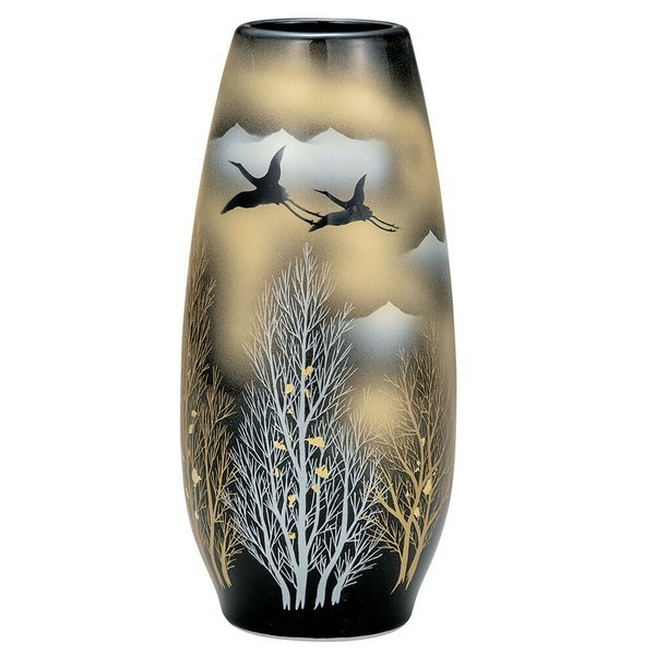 Kutani Ware Flower Vase 8.5-go Golden Trees with Pair of Cranes Japan