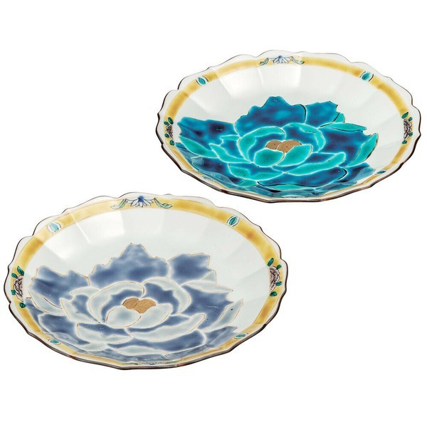 [Kutani Ware] Pair Plates 6 inch  Blue & Purple Peony Design Japan Sato Tsuyoshi