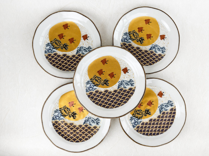 Kutani yaki ware Japanese Small Plate Dish set of 5 Wave Chidori Plover Japan