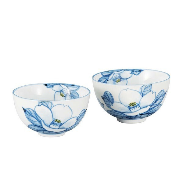 Kutani yaki ware Japanese Rice bowl set of 2 Gohan Sometsuke Camellia Miyayoshi