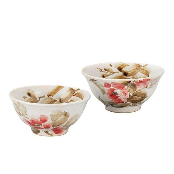 Kutani yaki ware Japanese Rice bowl set of 2 Gohan Some Camellia Soraku-an