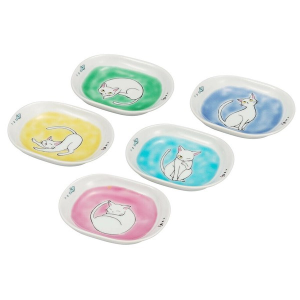 Kutani yaki ware Japanese Small Plate Dish set of 5White Kitty Little White Cat