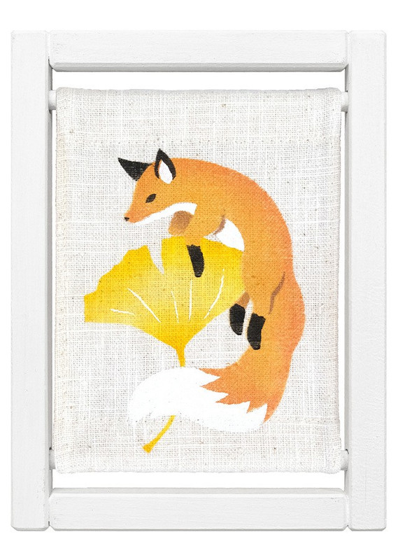 Kyoto Koyomi Frame Seasonal Textile Art Frame Fox and Ginkgo Linen Autumn