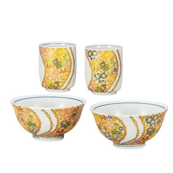 Kutani ware Japanese Rice bowl Gohan Chawan Tea cup Yunomi set Hanatsume Japan