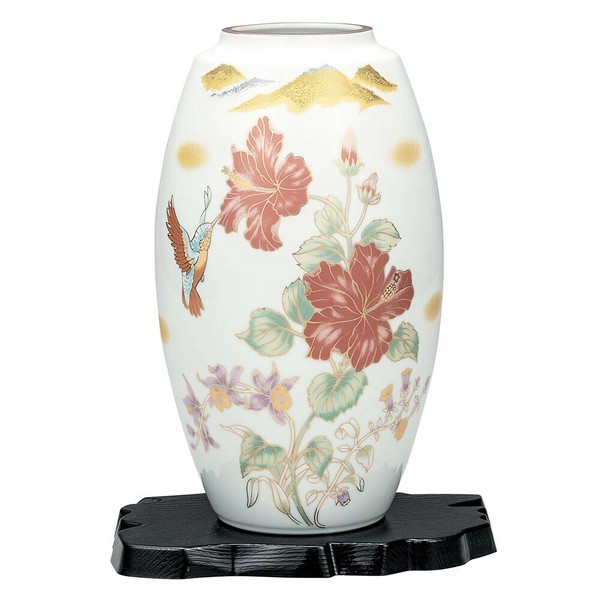 Kutani Ware Flower Vase 9-go Hibiscus with Bird Design Japan