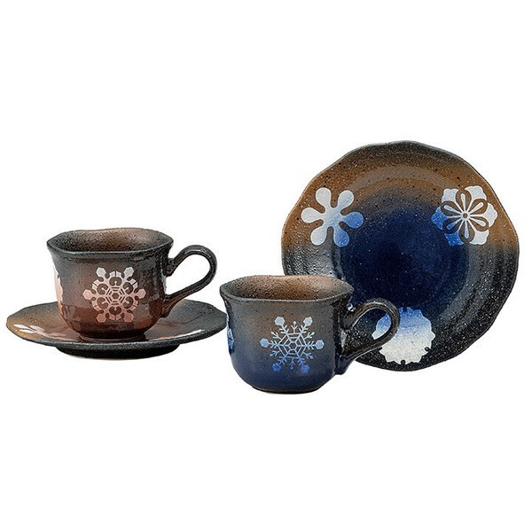 Pair Kutani yaki ware Japanese Coffee Cup and Saucer Snow wheel pattern Japan