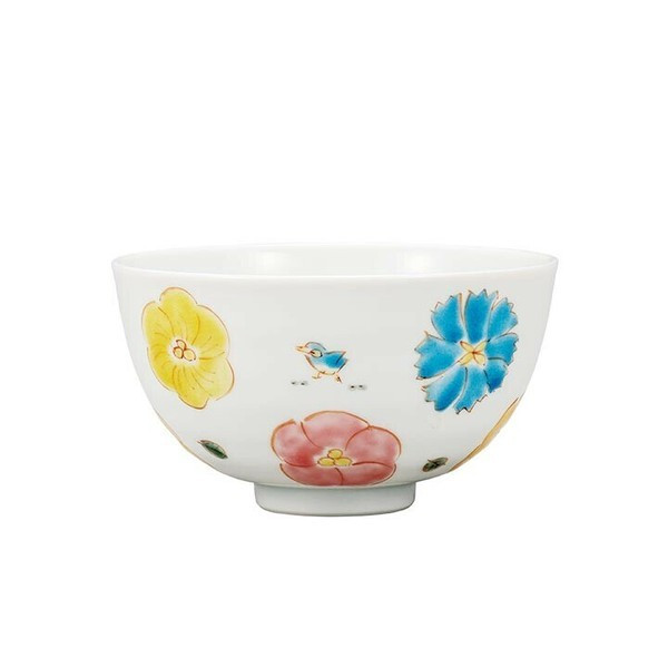 Gohan Chawan Kutani yaki ware Japanese Rice bowl Flower and little bird Takakazu
