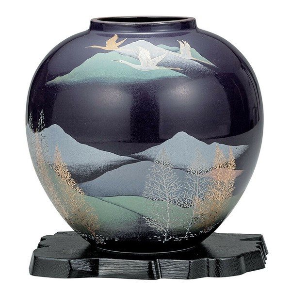Kutani ware Flower Vase 7 inch  Cranes, Forest, Mountain Range Design Japan