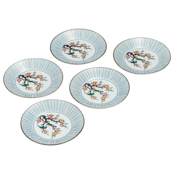   Kutani yaki ware Japanese Small Plate Dish set of 5Plum and Bird 6.4in Japan