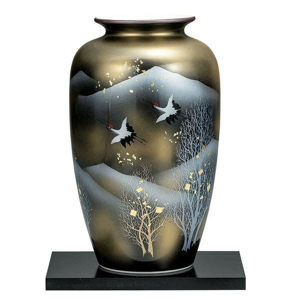 Kutani ware Flower Vase 10 inch  Tenmoku Glaze with Cranes and Forest Design