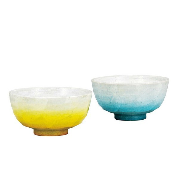Kutani yaki ware Japanese Rice bowl set of 2 Gohan Yusai Blue Yellow Ryusai