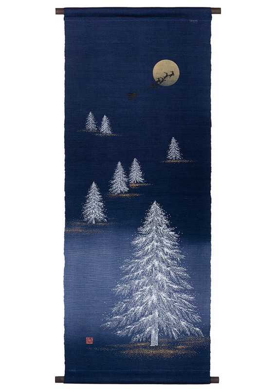 Kyoto Tapestry Wall Hanging Handpainted Linen Christmas Eve  Navy Japan