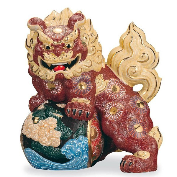 Kutani Ware Foo dog Shishi Lion Standing Dragon-Carved Lion Sculpture 13.6 in