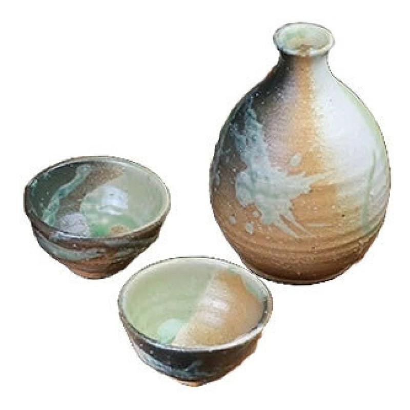 Guinomi Tokkuri Shigaraki Japanese Sake cup pot set of 3Shiro Mingei Japan