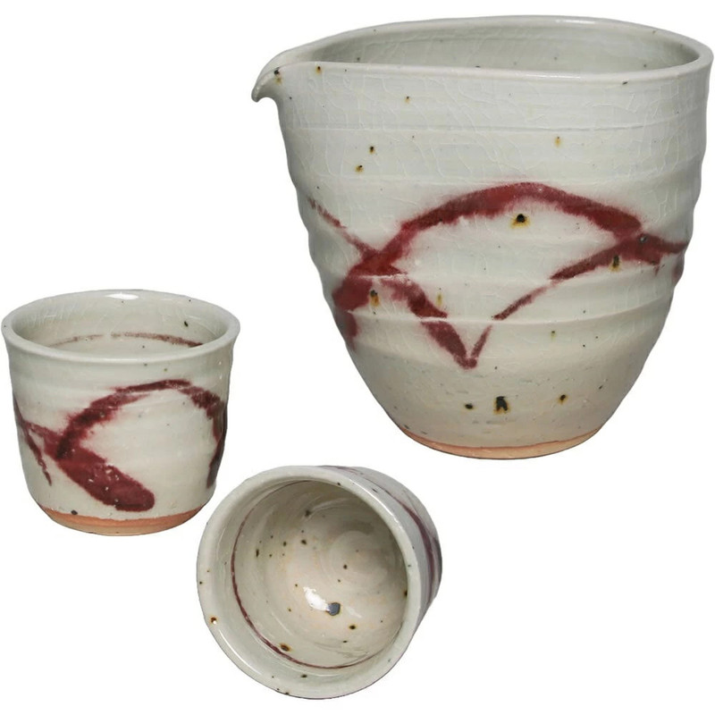 Guinomi Tokkuri Shigaraki Japanese Sake cup pot set of 3 Kosai Red glaze Japan