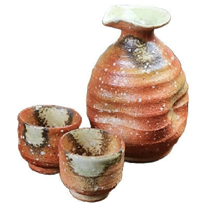 Guinomi Tokkuri Shigaraki Japanese Sake cup pot set of 3Inaka Made in Japan