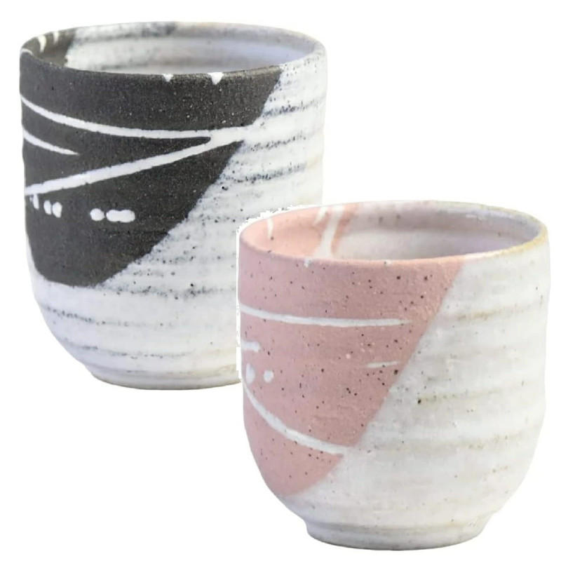 Pair Yunomi Shigaraki ware Japanese green tea cup Shiosai Black Pink Japan