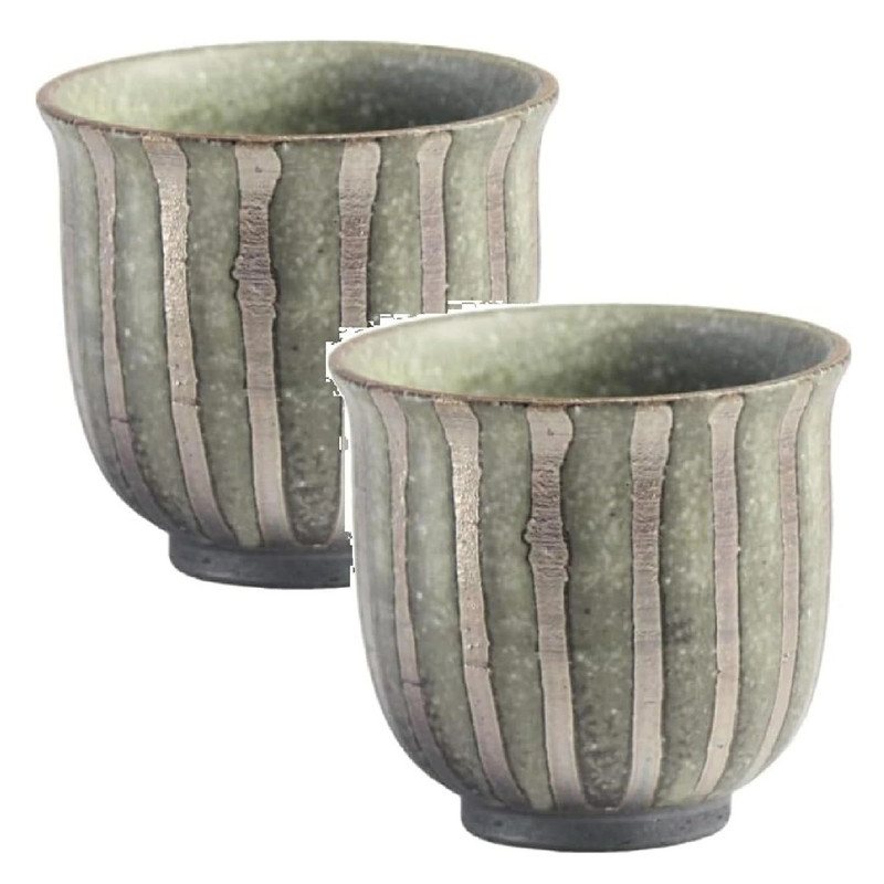 Pair Yunomi Shigaraki ware Japanese green tea cup Moegi Stripe pattern Japan