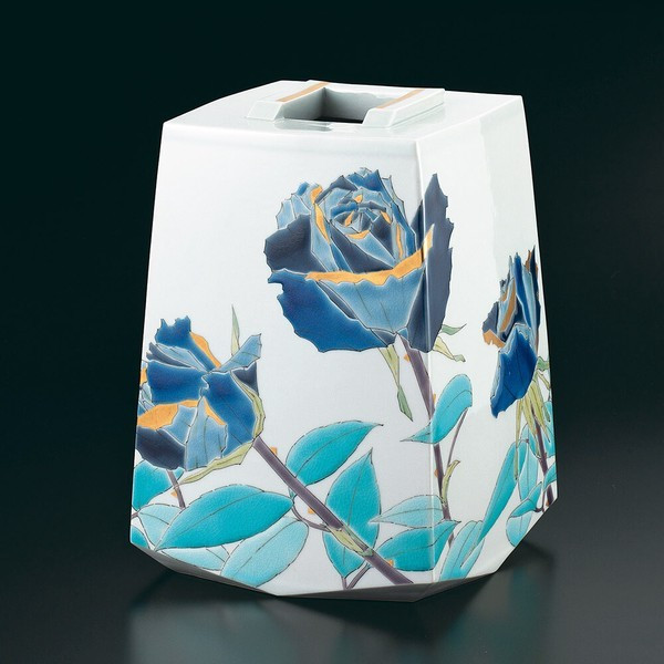 Kutani Ware Square Incense Burner  Seirei (Blue Rose) by Yamagishi Taisei Jap