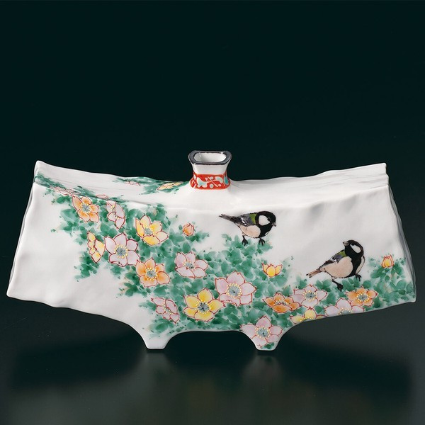 Kutani ware Flat Vase (Size 8) roses with Chickadee・Toshito NakamuraJapan