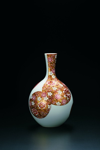 Kutani ware Porcelain Aka-e & Gold Hanazume Vase 24cm by Taka Toshifumi Ja
