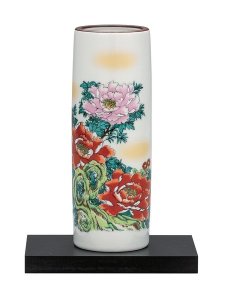 Kutani yaki ware Japanese Flower Vase Peony motif with Wooden Display Stand 